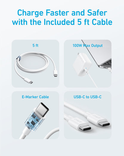 Anker MacBook Charger, Compact and Foldable 100W USB C Charger for MacBook Air, Samsung Galaxy, iPhone 17/16 Series, iPad Pro, and More, 5FT USB C Cable Included