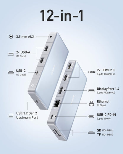 Anker 575 USB-C Hub (12-in-1, Dual HDMI, DP), Triple Display Docking Station, 10 Gbps Data Ports, 4K HDMI and DisplayPort, Max 100W Pd-in, Ethernet, for Dell, Thinkpad Laptop and More