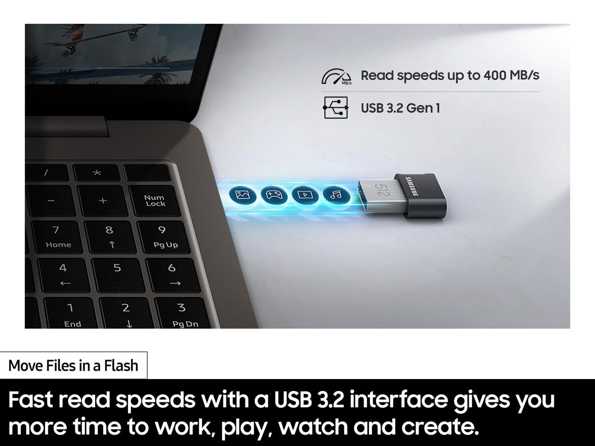 SAMSUNG FIT Plus 3.1 USB Flash Drive, 128GB, 400MB/s, Plug In and Stay, Storage Expansion for Laptop, Tablet, Smart TV, Car Audio System, Gaming Console, MUF-128AB/AM,Gunmetal Gray