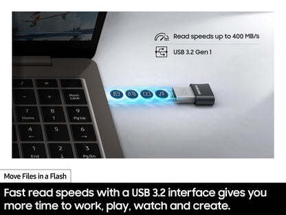 SAMSUNG FIT Plus 3.1 USB Flash Drive, 128GB, 400MB/s, Plug In and Stay, Storage Expansion for Laptop, Tablet, Smart TV, Car Audio System, Gaming Console, MUF-128AB/AM,Gunmetal Gray