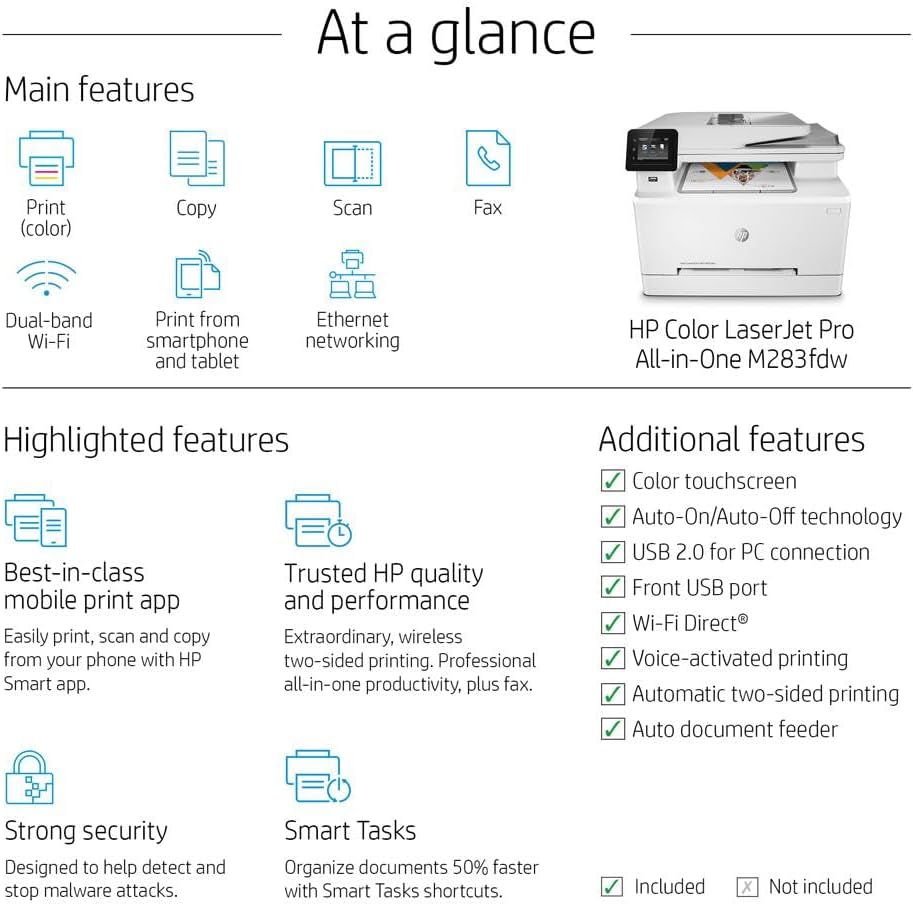 HP Color LaserJet Pro M283fdw Wireless All-in-One Laser Printer, Remote Mobile Print, Scan & Copy, Duplex Printing, Works with Alexa (7KW75A), White