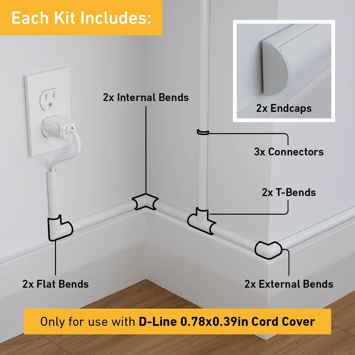 D-Line Cable Raceway On-Wall Cord Cover | 1D3015W | Surface Mount Electrical Channel to Hide and Conceal Cords, Cables, and Wires | White, Paintable