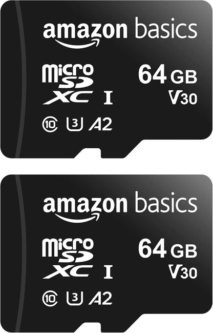 Amazon Basics microSDXC Memory Card with Full Size Adapter, A2, U3, Read Speed up to 100 MB/s, 64GB, Black (2pack)