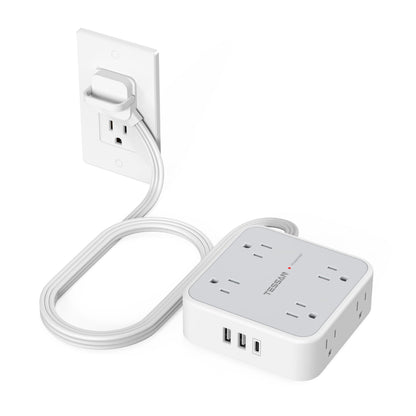 TESSAN Surge Protector Power Strip, 5 Ft Flat Plug Extension Cord with 3 USB (1 USB C) 8 Outlets, 1250W, 900J Protection, 3 Sided Outlet Extender with Power Switch for Office, Dorm Room, Grey