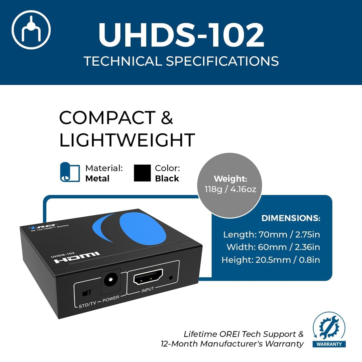 OREI UltraHD 4K @ 60 Hz 1 x 2 HDMI Splitter 1 in 2 Out (2 Port) 4:4:4 8-bit - Does Not Bypass HDCP, 18 Gbps, 4K HDMI Splitter