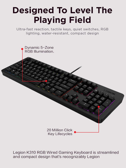 Lenovo GY40T26478 Legion K500 RGB Mechanical Gaming Keyboard, 3 ZONE Full-size Keyboard, 7 user Programmable Hot Keys; 16.8 Million Colors, 50 Million-Click Red Mechanical Keys, Detachable Palm Rest