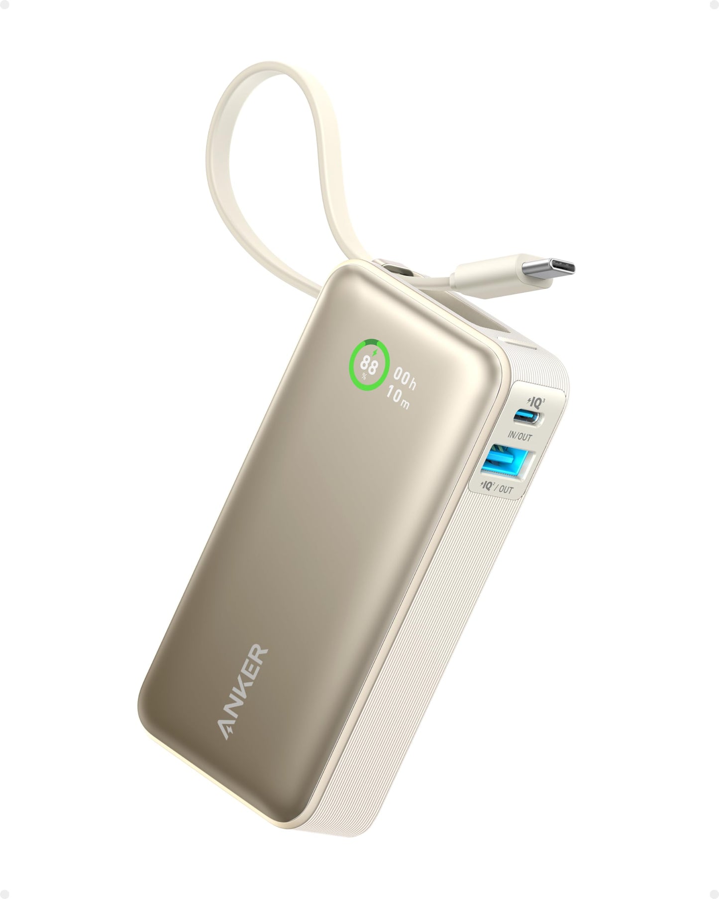 Anker Nano Power Bank, 10,000mAh Portable Charger with Built-in USB-C Cable, 30W Recharging, 30W Max Output with USB-C&A, for iPhone 17/16/15 Series, MacBook, Galaxy, AirPods, and More
