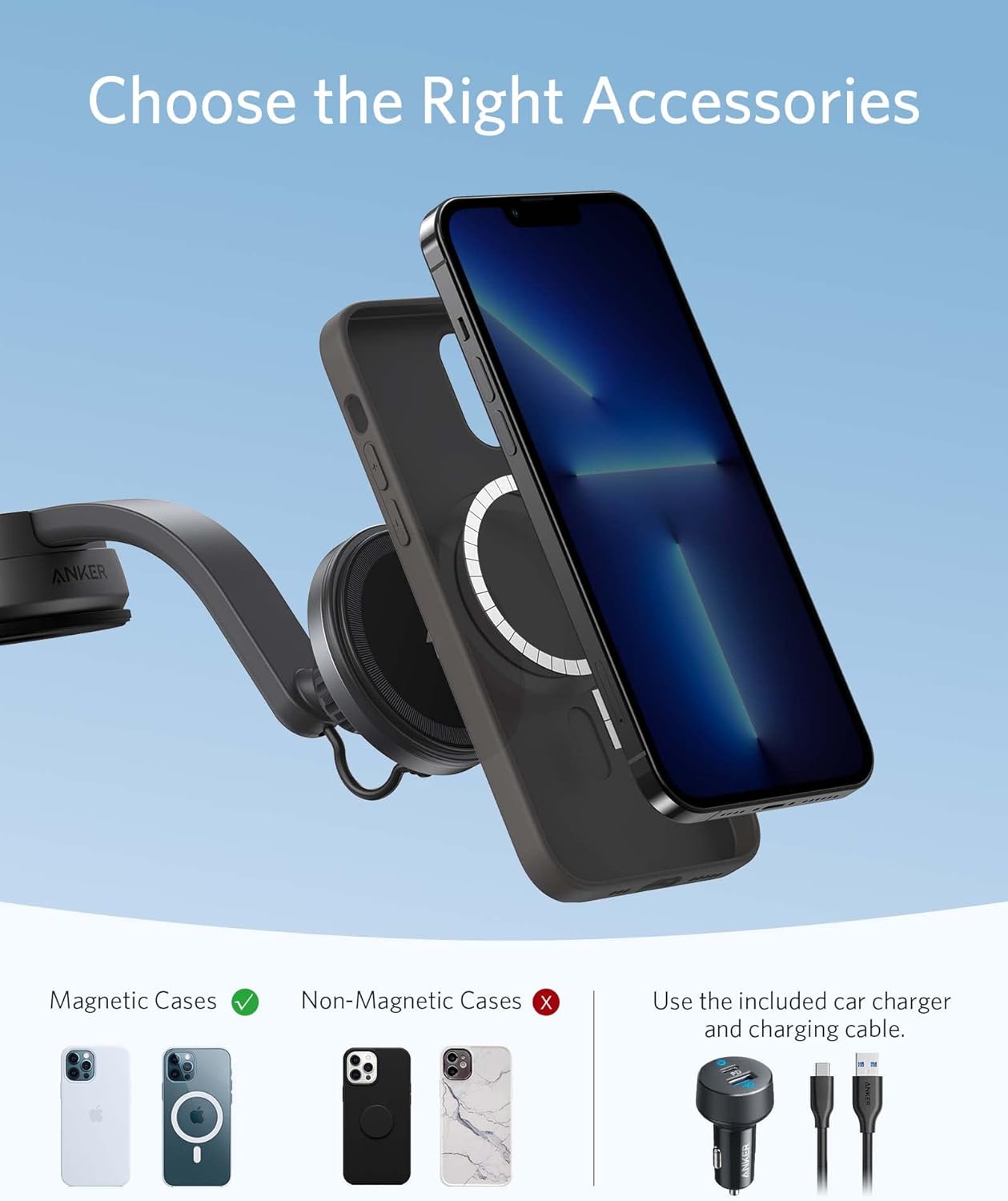 Anker Magnetic Wireless Charger (MagGo), 613 Car Charging Mount with 2-Port Car Charger, 5 ft USB-C to USB-A Cable, Strong Magnetic Alignment for iPhone 16/16 Pro/16 Pro Max/15/15 Pro Max