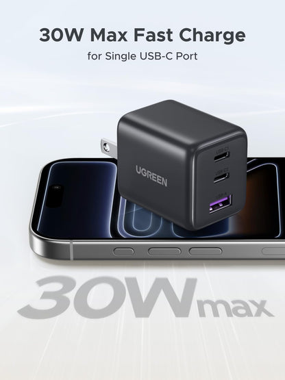 UGREEN 3-Port 30W USB C Charger, GaN II Compact iPhone Charger Fast Charging, Type C Power Adapter for iPhone 17/16/15 Series, Galaxy S26/S25/24, iPad, MacBook Neo/Air, Matt Black