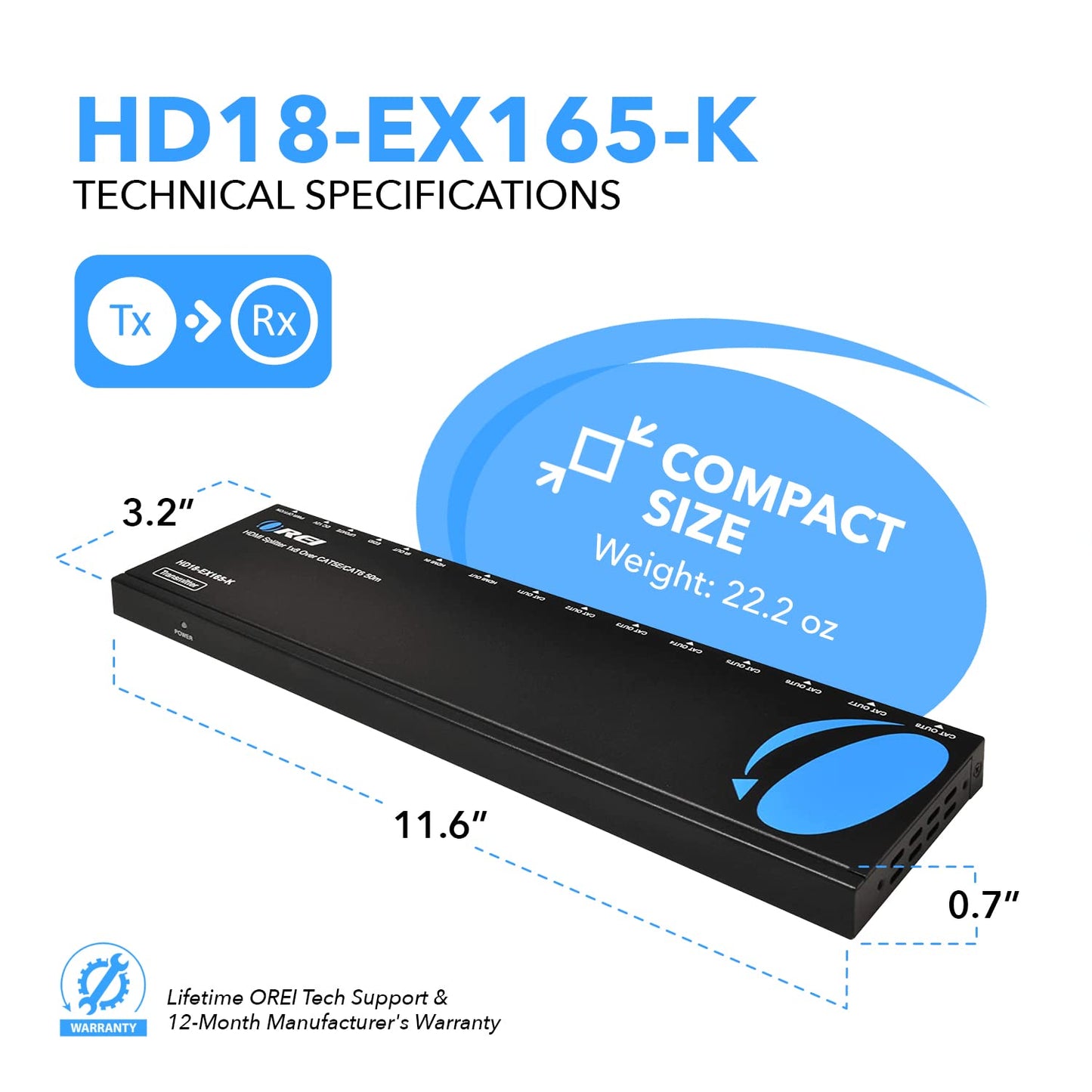 OREI 4K 1x4 HDMI Extender Splitter Over CAT6/7 Ethernet Cable Up to 4K@30Hz upto 165 ft-1080P@60Hz upto 230 ft, IR control, EDID, HDMI Loop Out (HD14-EX165-K)