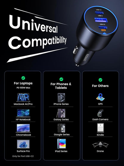 UGREEN 130W USB C Car Charger, Type C Car Charger Adapter Compatible with iPhone 17 17 Air 17 Pro 17 Pro Max 16 16 Plus 16 Pro 16 Pro Max 15 14 13 12, Galaxy S24 S23 Ultra, iPad, MacBook, and More