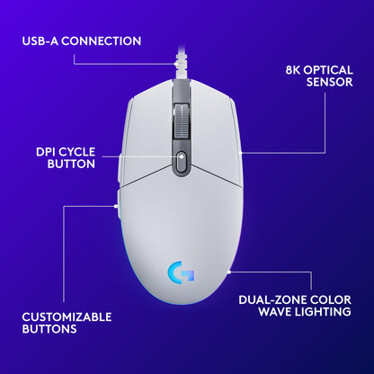 Logitech G203 Wired Gaming Mouse, 8,000 DPI, Rainbow Optical Effect LIGHTSYNC RGB, 6 Programmable Buttons, On-Board Memory, Screen Mapping, PC/Mac Computer and Laptop Compatible - Black
