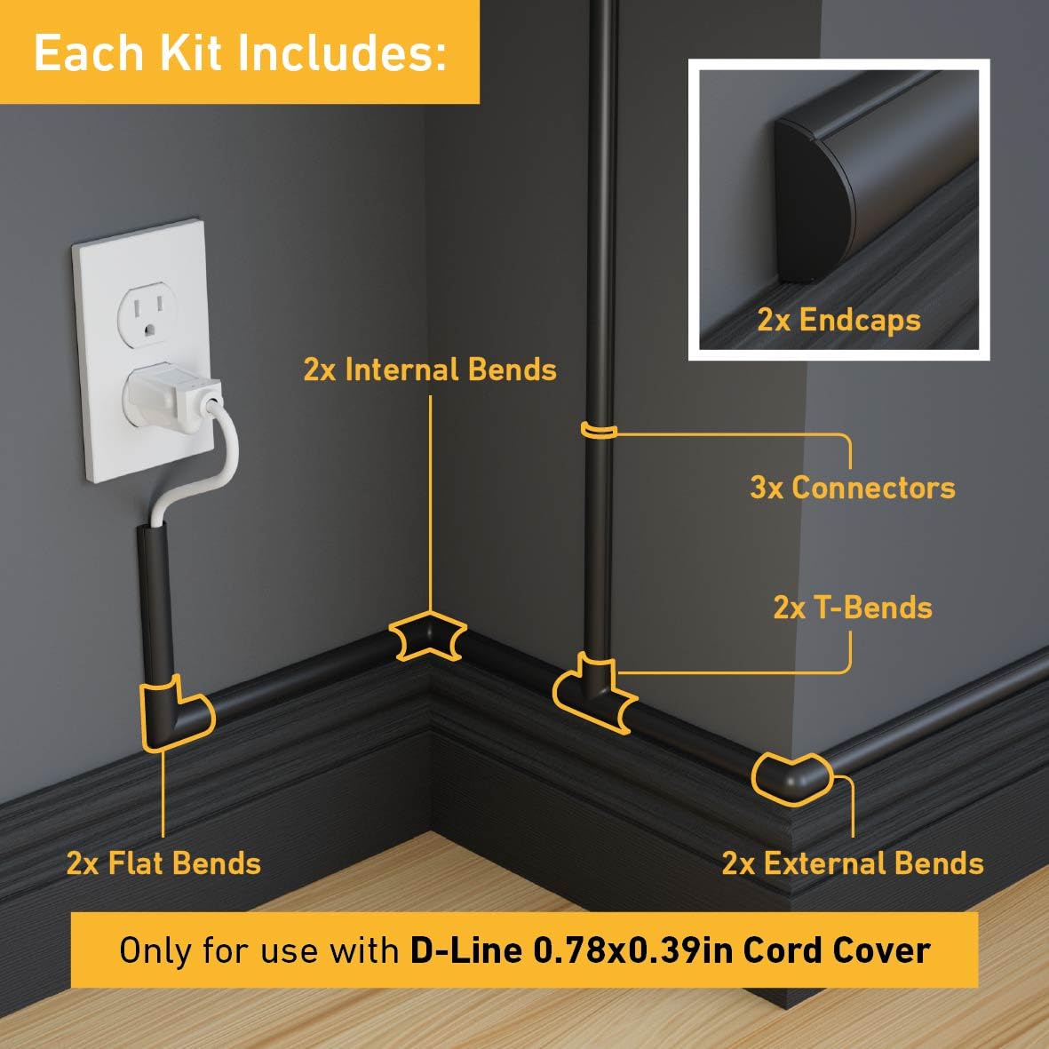 D-Line Cable Raceway On-Wall Cord Cover | 1D3015W | Surface Mount Electrical Channel to Hide and Conceal Cords, Cables, and Wires | White, Paintable