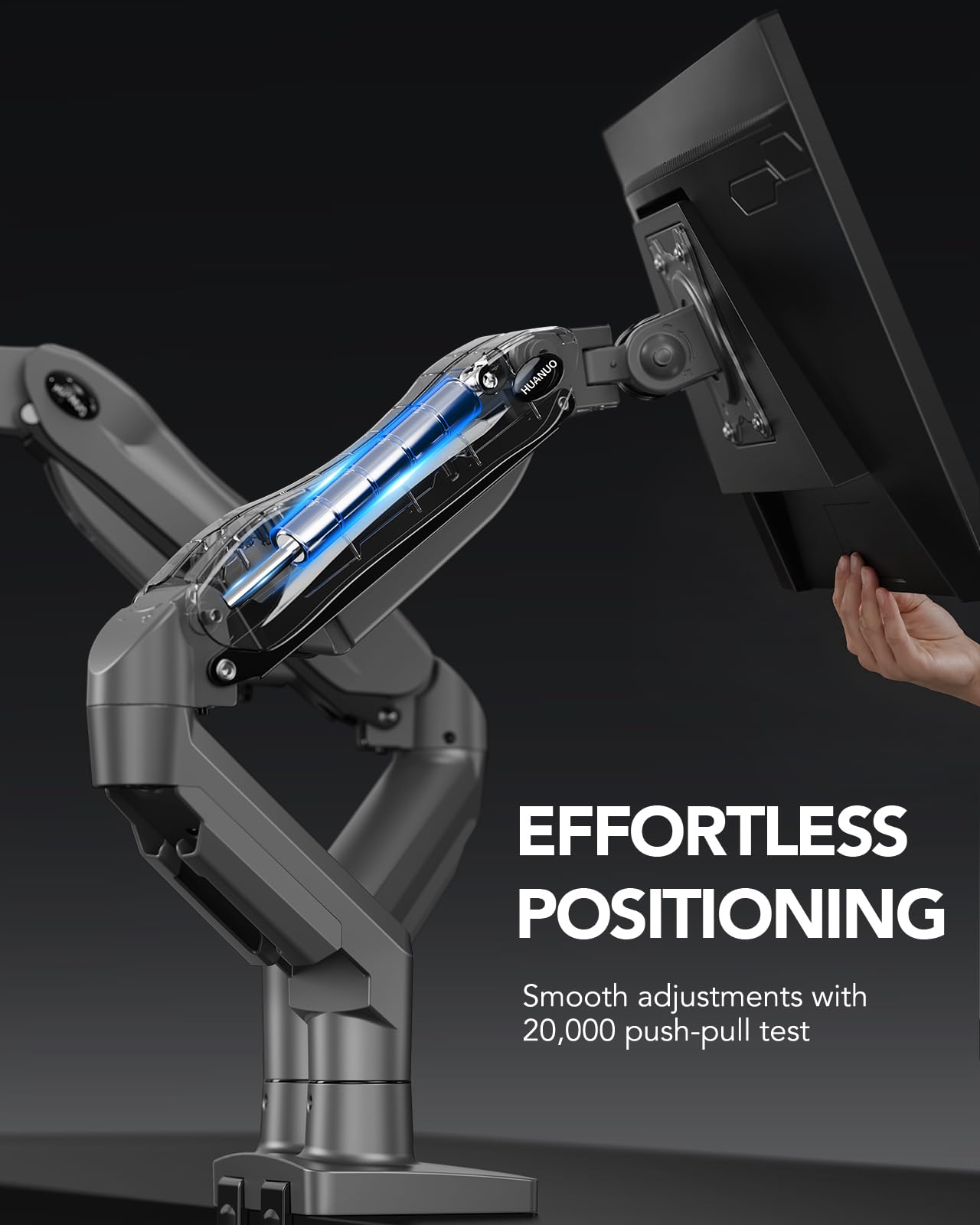 HUANUO FlowLift™ Dual Monitor Stand, Fully Adjustable Gaming Monitor Desk Mount for 13–32″ Computer Screens, Full Motion VESA 75x75/100x100 with C-Clamp & Grommet Base, Each Arm Holds 4.4 to 19.8 lbs