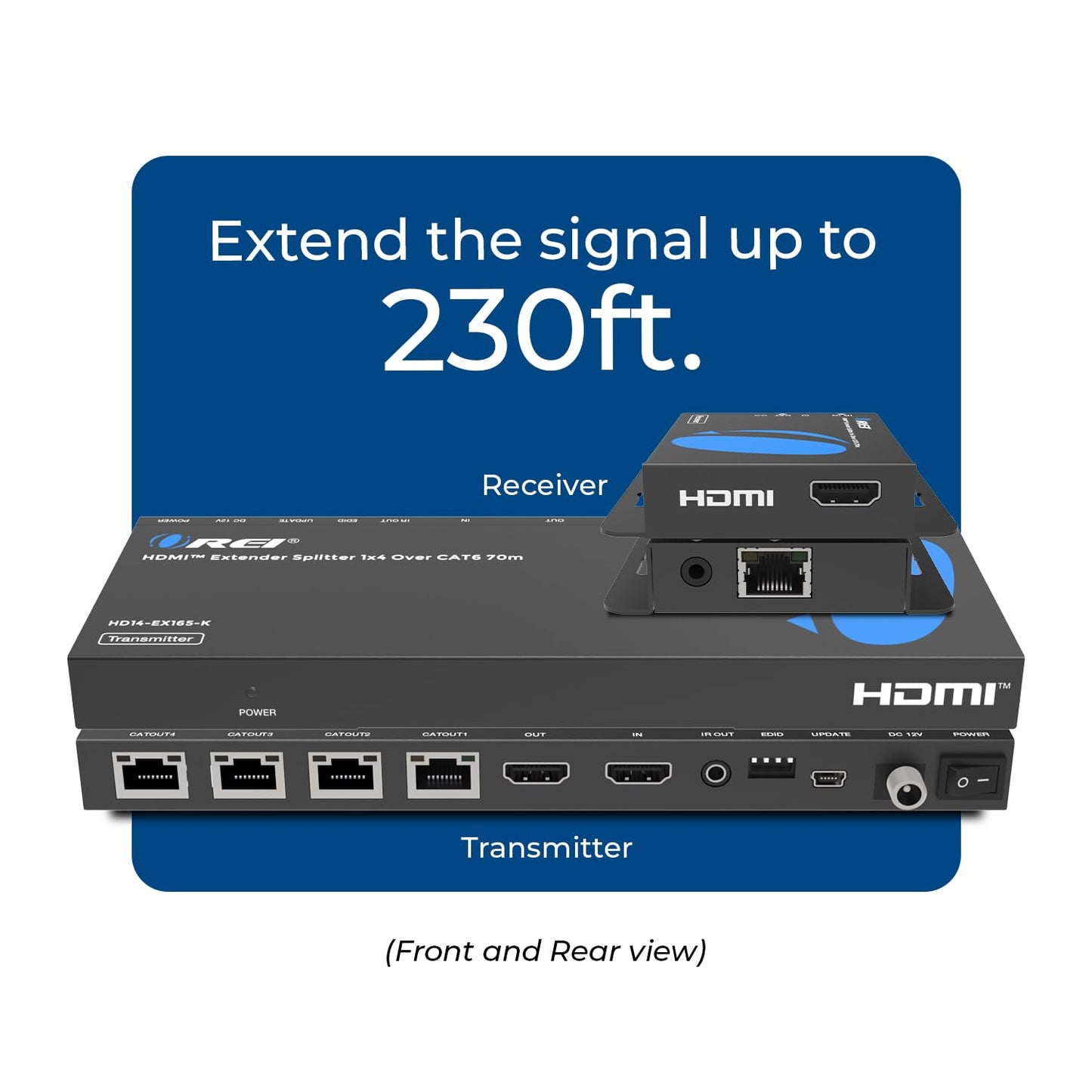OREI 4K 1x4 HDMI Extender Splitter Over CAT6/7 Ethernet Cable Up to 4K@30Hz upto 165 ft-1080P@60Hz upto 230 ft, IR control, EDID, HDMI Loop Out (HD14-EX165-K)