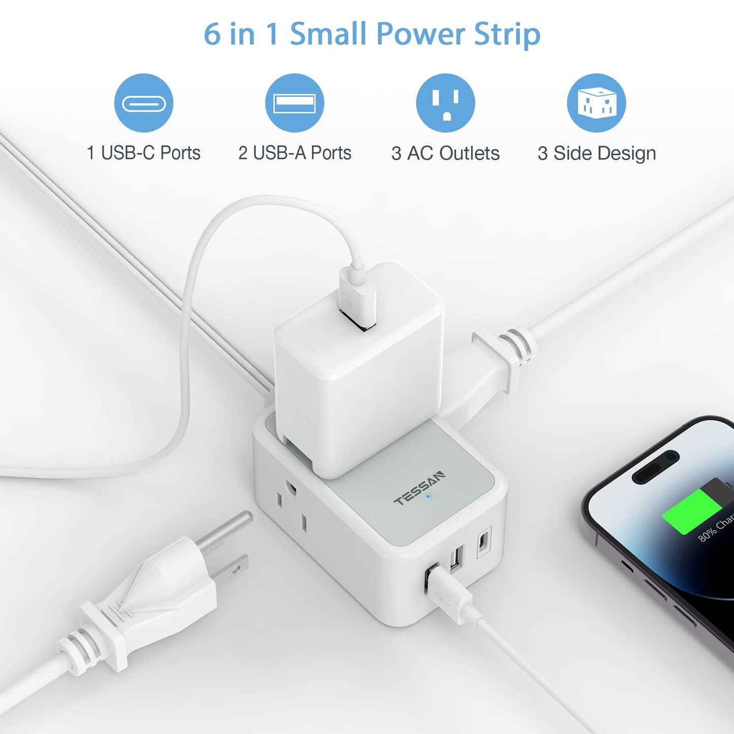 TESSAN Small Flat Plug Power Strip, Ultra Thin Extension Cord 5 ft, 3 AC Outlets with 3 USB Ports (1 USB C), Multiple Wall Outlet Extender for Cruise Travel Office School Dorm Room Essentials