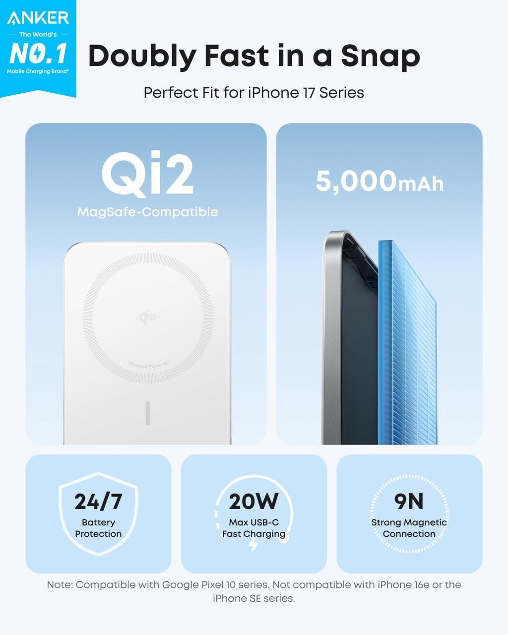 Anker Nano MagSafe Power Bank, Ultra-Slim 5,000mAh Magnetic Wireless Charging Battery, Qi2 Certified 15W Max MagSafe-Compatible Portable Charger, Ergonomic Design, for iPhone Air/17/16 Series