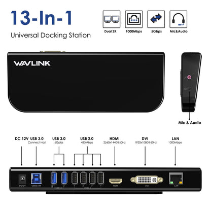 WAVLINK USB Laptop Docking Station Dual Monitors, DisplayLink Computer Dock for M1 M2 Mac and Windows, ChromeOS, Ubuntu 20.04/22.04 (HDMI & HDMI/DVI/VGA, 6xUSB Ports, LAN, Audio)