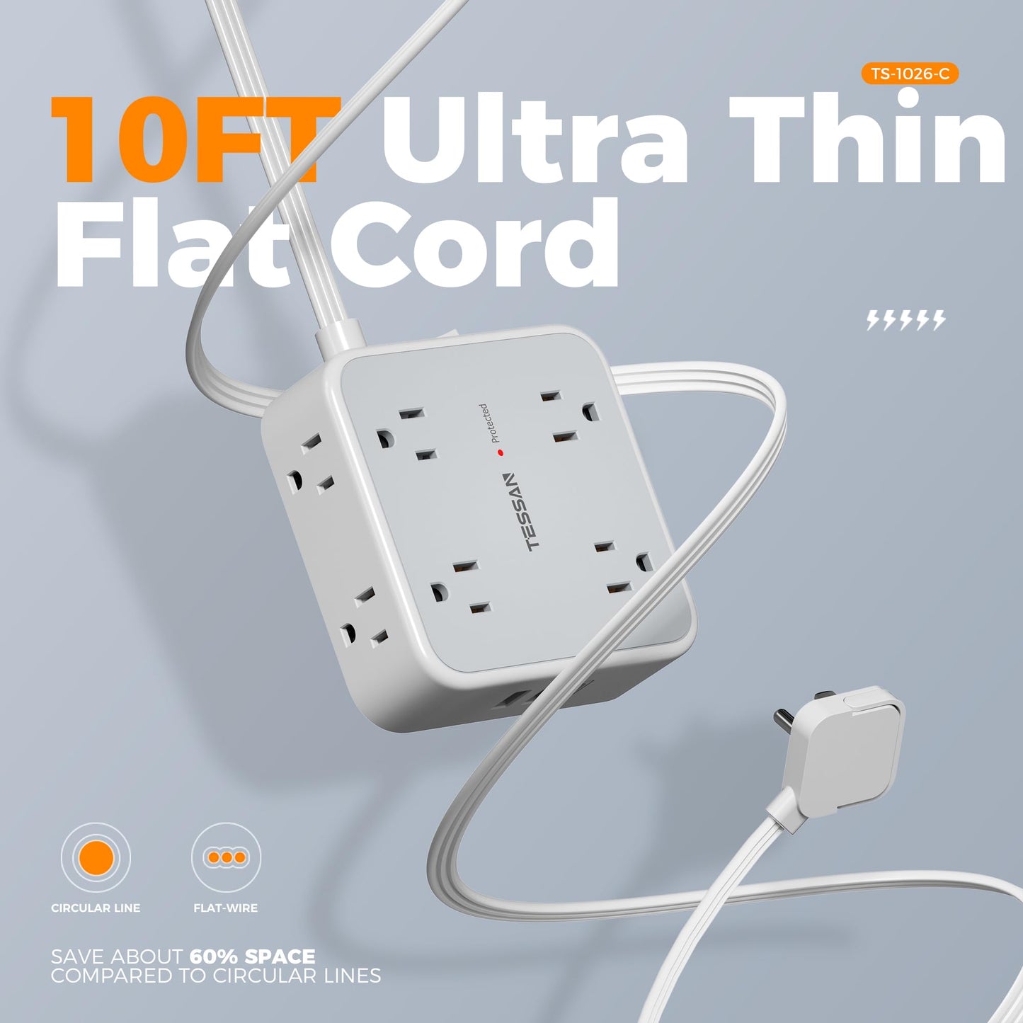 TESSAN Surge Protector Power Strip, 5 Ft Flat Plug Extension Cord with 3 USB (1 USB C) 8 Outlets, 1250W, 900J Protection, 3 Sided Outlet Extender with Power Switch for Office, Dorm Room, Grey