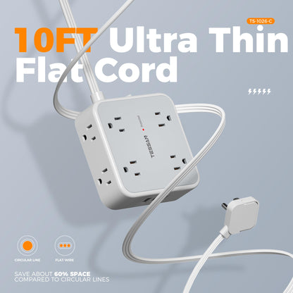 TESSAN Surge Protector Power Strip, 5 Ft Flat Plug Extension Cord with 3 USB (1 USB C) 8 Outlets, 1250W, 900J Protection, 3 Sided Outlet Extender with Power Switch for Office, Dorm Room, Grey