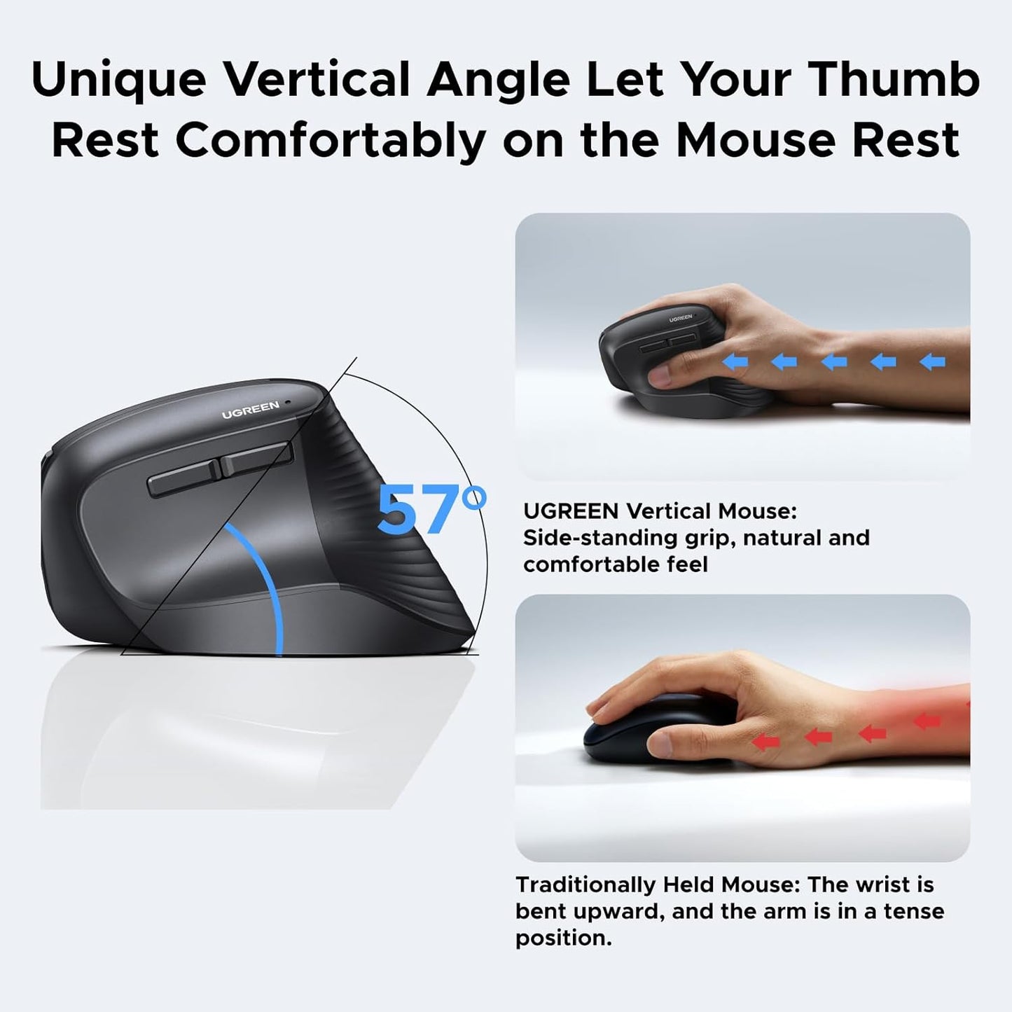UGREEN Vertical Mouse, Wireless Bluetooth Ergonomic Mouse, Dual-Mode (BT 5.4 & USB 2.4G), Quiet Clicks, 4 Adjustable DPI (1000/1600/2000/4000), Compatible with Windows/Mac/Linux/Android/ChromeOS