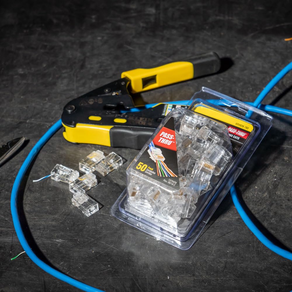 Klein Tools VDV226-110 Ratcheting Modular Data Cable Crimper / Wire Stripper / Wire Cutter for RJ11/RJ12 Standard, RJ45 Pass-Thru Connectors