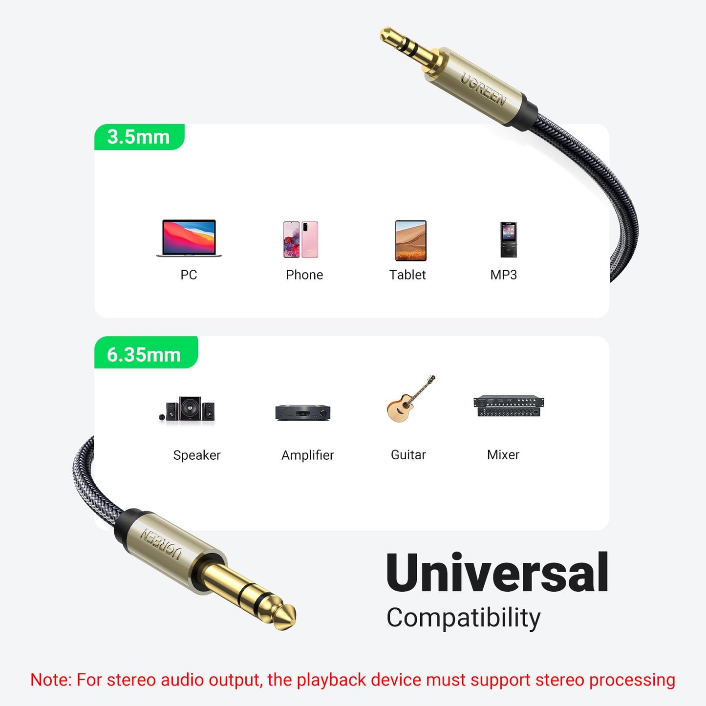 UGREEN 1/8 to 1/4 Stereo Cable 3.5mm TRS to 6.35mm Audio Cable Guitar to Aux Male Cord with Zinc Alloy Housing and Nylon Braid for Guitar, Laptop, Home Theater Devices, Speaker and Amplifiers 6.6FT