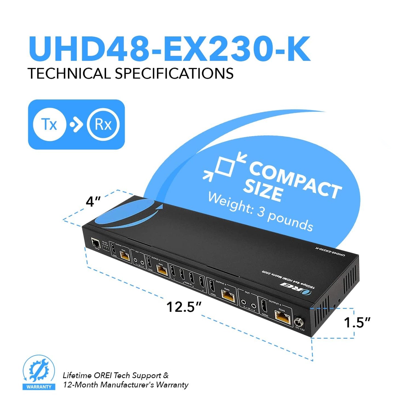 OREI 4K 4x4 HDMI Extender Matrix - UltraHD 4K @ 60Hz 4:4:4 Over Single CAT5e/6/7 Cable with HDR Switcher & IR Control, RS-232 - Up to 230 Ft - 1080P Downscale - 4 x Loop Out - 4 Receivers Included