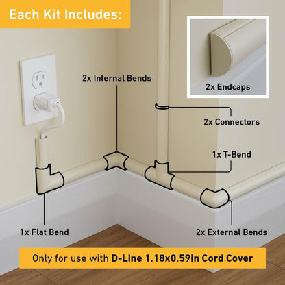 D-Line Cable Raceway On-Wall Cord Cover | 1D3015W | Surface Mount Electrical Channel to Hide and Conceal Cords, Cables, and Wires | White, Paintable