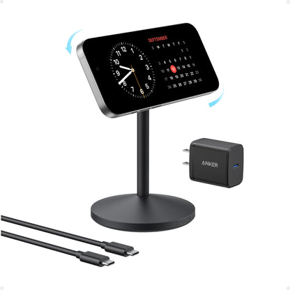 Anker MagGo iPhone 17 MagSafe Charger Compatible Stand, 15W Fast Magnetic Wireless Charging Station, Qi2 Certified 360° Wireless Charger (White, with Cable & Adapter)