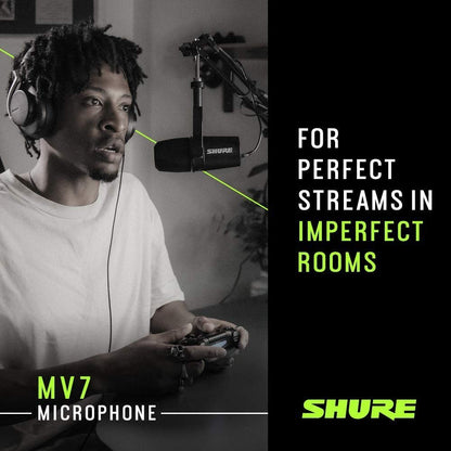 Shure MV7 USB Podcast Microphone for Podcasting, Recording, Live Streaming & Gaming, Built-in Headphone Output, All Metal USB/XLR Dynamic Mic, Voice-Isolating Technology, TeamSpeak Certified - Black