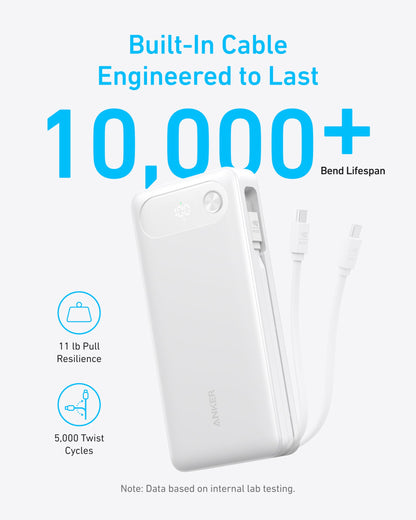 Anker Power Bank, 20,000mAh Travel Essential Portable Charger with Built-in USB-C Cable, 3-Port 87W Max Fast Charging Battery Pack, for MacBook, iPhone 16/15 Series, Samsung, Switch, and More