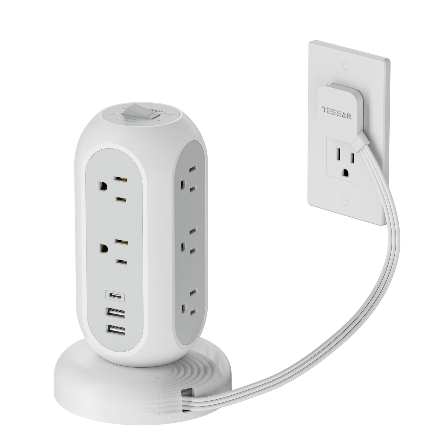 Tower Power Strip Flat Plug with 11 Outlets 3 USB (1 USB C), TESSAN Surge Protector Tower 1625W/13A,1050J Protection, 6 Feet Extension Cord with Multiple Outlets, Office Desk Supplies, Dorm Essentials