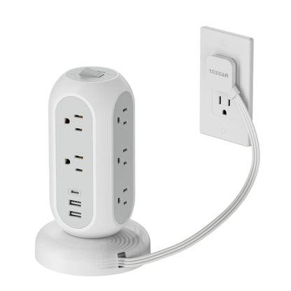 Tower Power Strip Flat Plug with 11 Outlets 3 USB (1 USB C), TESSAN Surge Protector Tower 1625W/13A,1050J Protection, 6 Feet Extension Cord with Multiple Outlets, Office Desk Supplies, Dorm Essentials