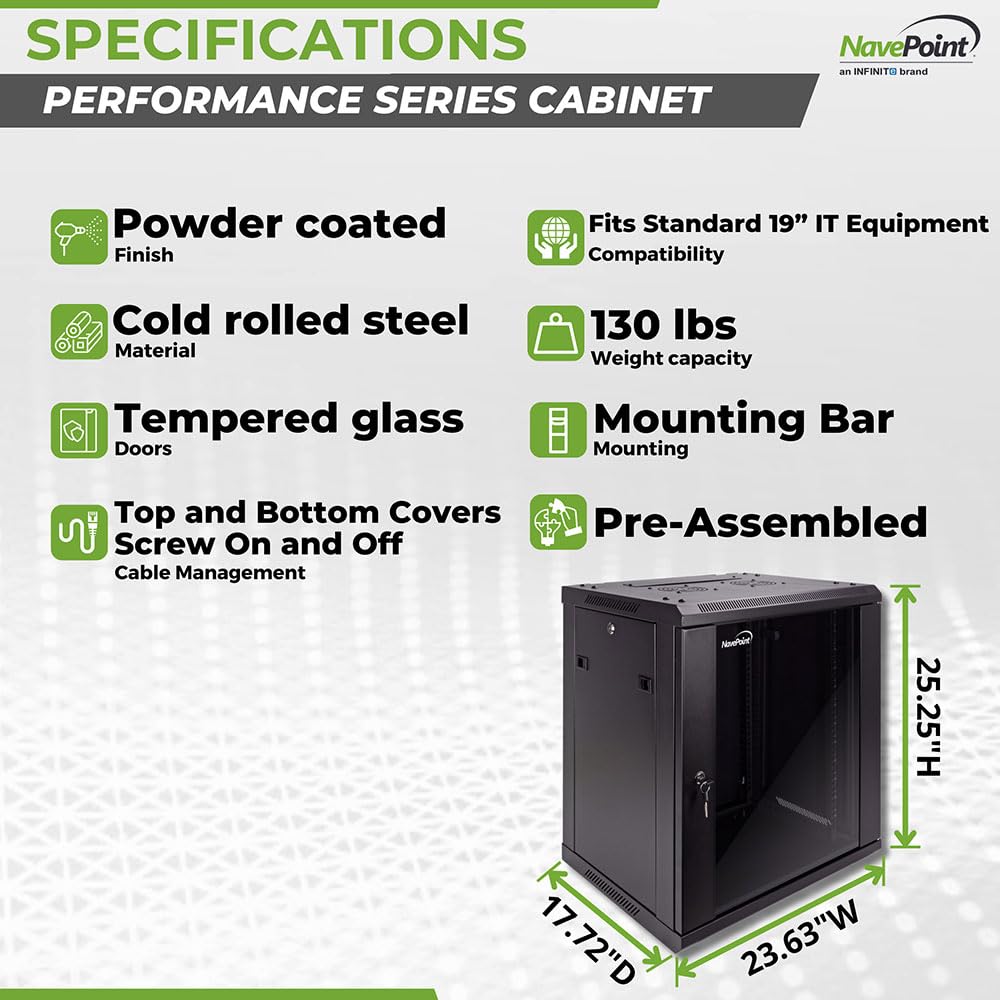 NavePoint 15U Server Cabinet Wall Mount Rack Enclosure with Caster Wheels, Includes 2 Fans, Locking Glass Door, Removable Side Panels – 15U Network Cabinet 17.7” Deep, 19”Server Rack for IT Equipment