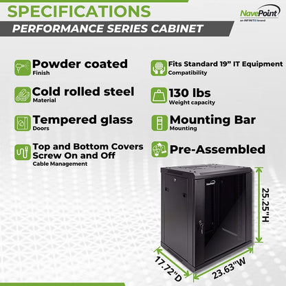 NavePoint 15U Server Cabinet Wall Mount Rack Enclosure with Caster Wheels, Includes 2 Fans, Locking Glass Door, Removable Side Panels – 15U Network Cabinet 17.7” Deep, 19”Server Rack for IT Equipment