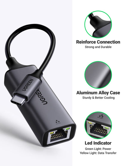 UGREEN USB C to Ethernet Adapter, Plug and Play 1Gbps Ethernet Adapter, Aluminum Case, (Thunderbolt 4/3 Compatible) to RJ45 Network Dongle, Compatible for MacBook Pro/Air, iPhone 17 Pro/Max, iPad, XPS