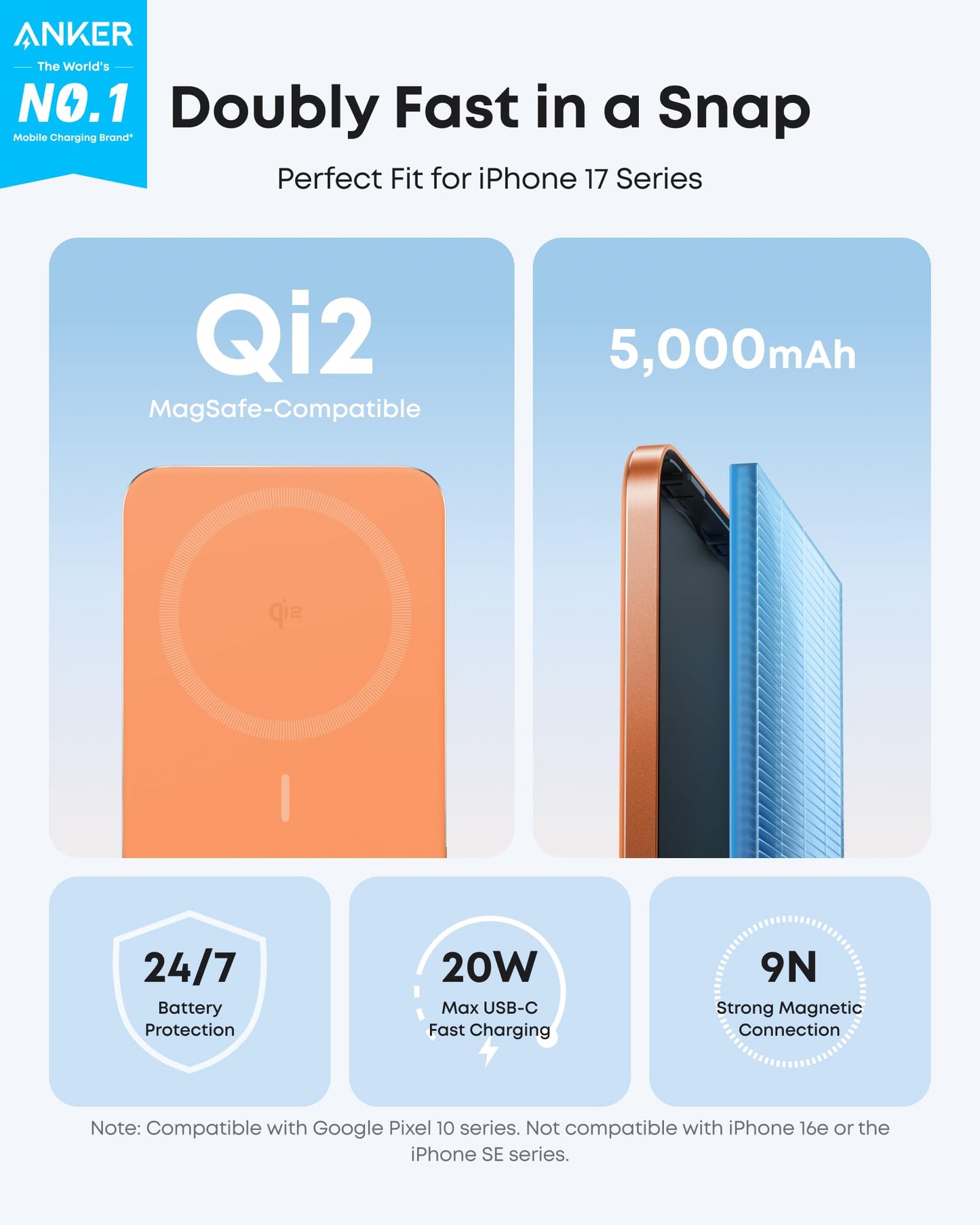 Anker Nano MagSafe Power Bank, Ultra-Slim 5,000mAh Magnetic Wireless Charging Battery, Qi2 Certified 15W Max MagSafe-Compatible Portable Charger, Ergonomic Design, for iPhone Air/17/16 Series