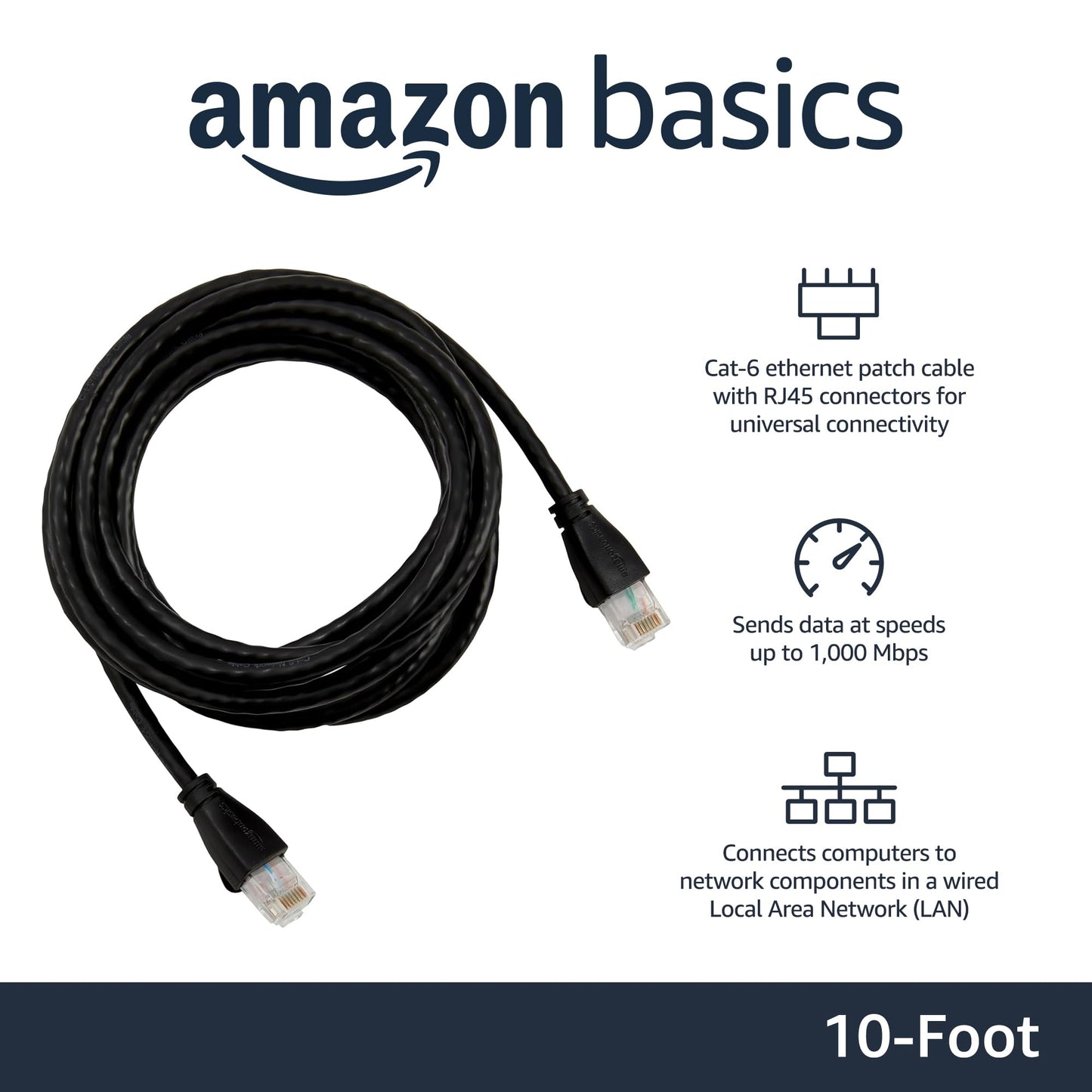 Amazon Basics RJ45 Cat-6 Ethernet Patch Internet Cable, 1Gbps Transfer Speed, Gold-Plated Connectors, Universal Connectivity for PC, TV, Tablet, Router, Printer, 5 Foot, Black