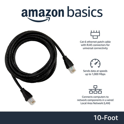 Amazon Basics RJ45 Cat-6 Ethernet Patch Internet Cable, 1Gbps Transfer Speed, Gold-Plated Connectors, Universal Connectivity for PC, TV, Tablet, Router, Printer, 5 Foot, Black