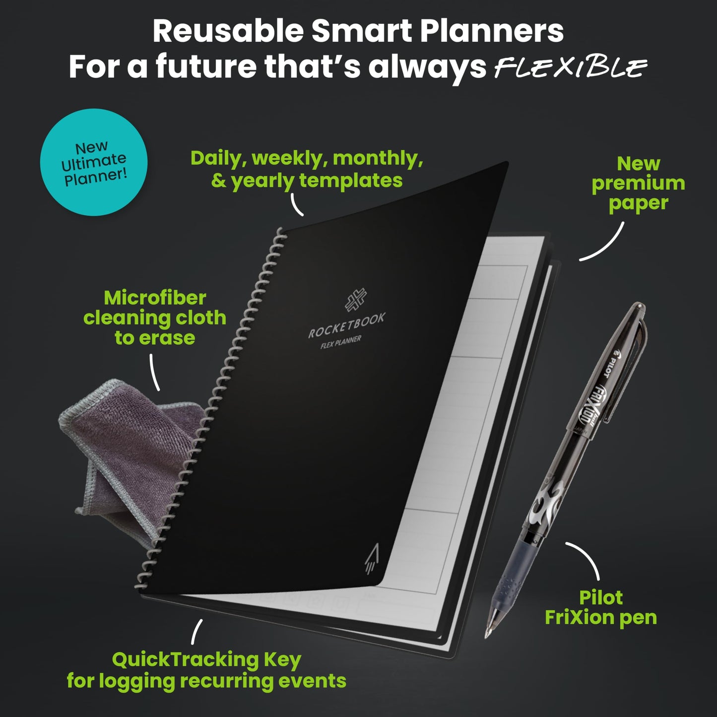 Rocketbook Fusion Hybrid Reusable Planner and Notebook in One, Additional Blank Pages, Goal and Project Tracker, Undated Planner, Letter Size 8.5x11, Black (Pack of 1)
