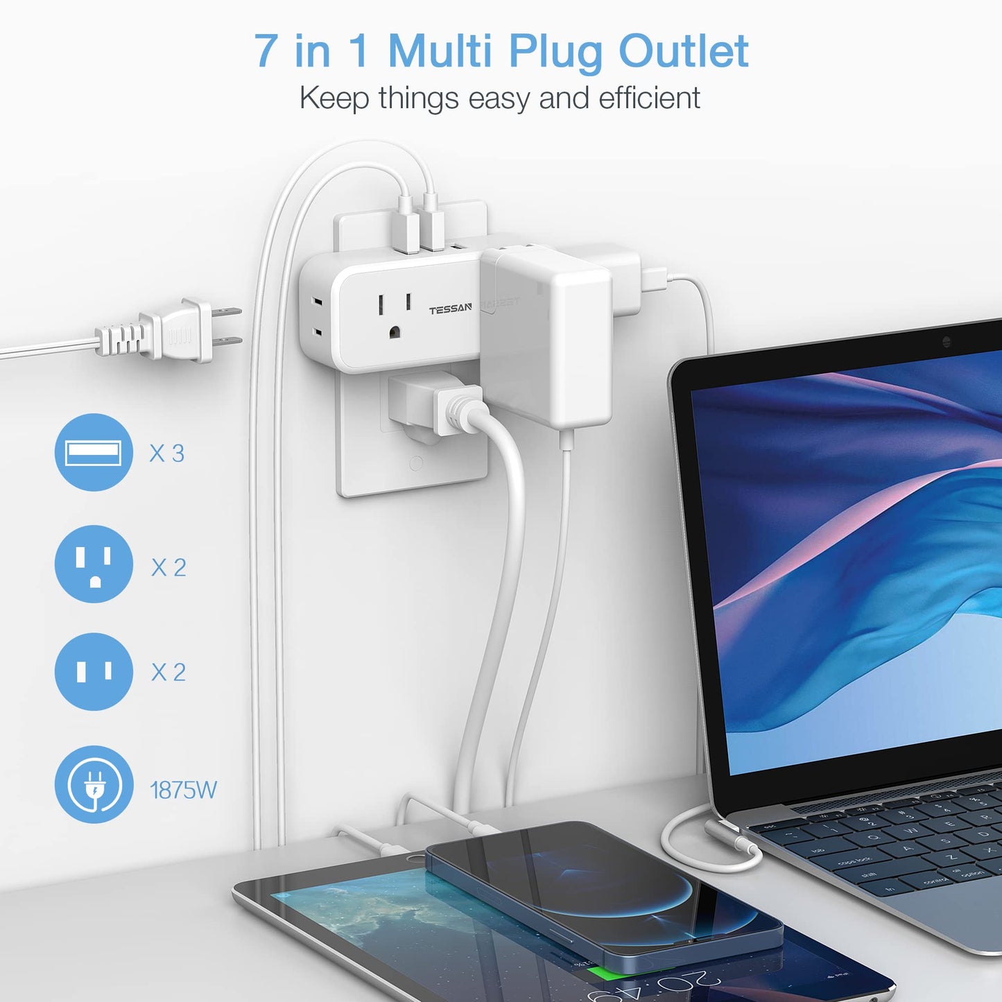Surge Protector Outlet Extender, TESSAN Multi Plug Splitter with 4 Electrical Outlets 3 USB Ports(1 USB C), Multiple Plug Mini Wall Expander for Home Bathroom Office Dorm Room Essentials