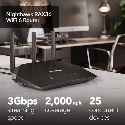 NETGEAR Nighthawk WiFi 6 Router (RAX36) – Router Only, AX3000 3 Gbps Wireless Speed – Dual-Band Gigabit Internet – Covers 2,000 sq. ft., 25 Devices – Built-in VPN, USB 3.0, Gaming