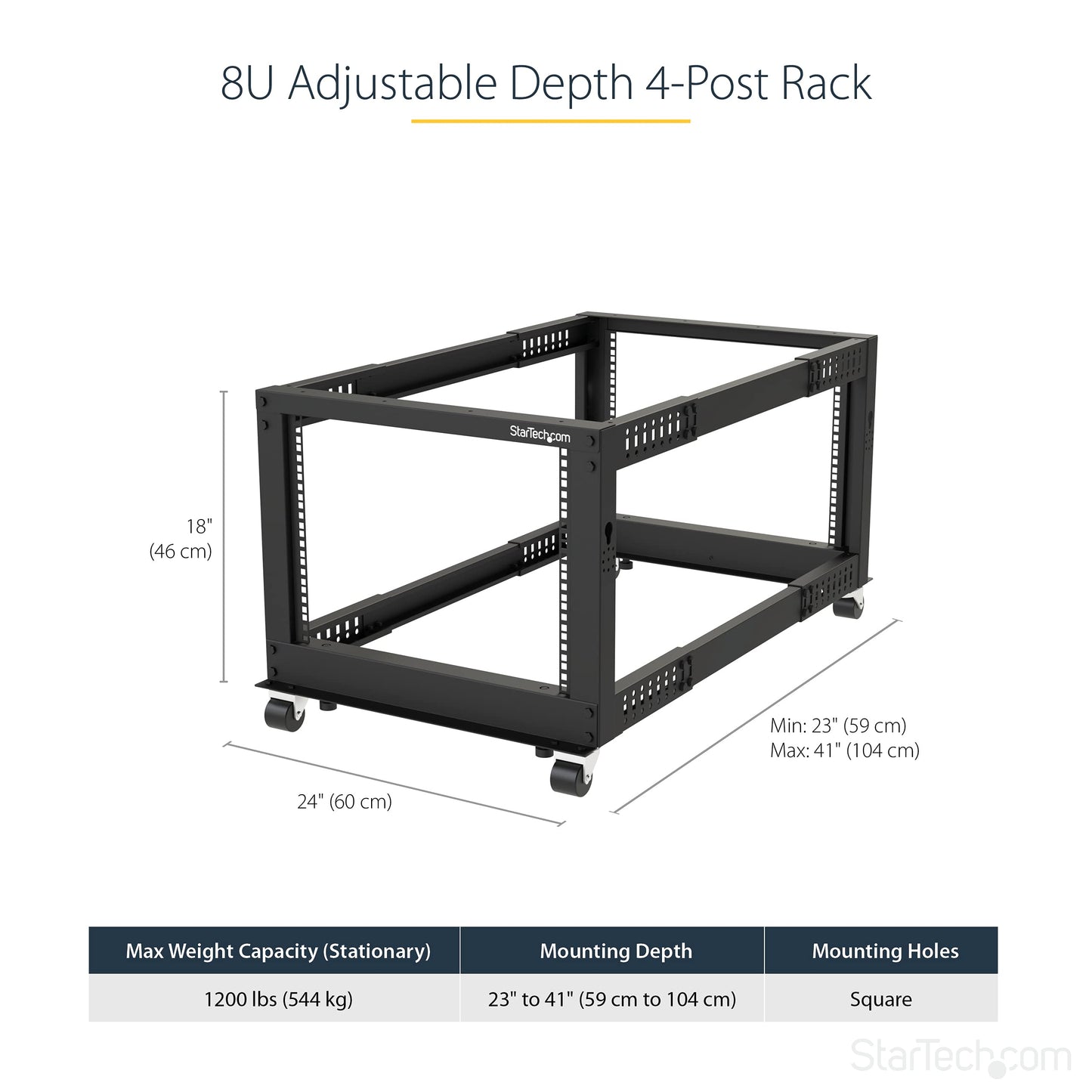 StarTech 42U 4-Post Server Rack, 19in Open Frame Rack with 40in (101cm) Mounting Depth and 1323lb (600kg) Weight Capacity, Mobile or Floor Mount IT Rack