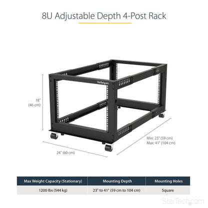 StarTech 42U 4-Post Server Rack, 19in Open Frame Rack with 40in (101cm) Mounting Depth and 1323lb (600kg) Weight Capacity, Mobile or Floor Mount IT Rack
