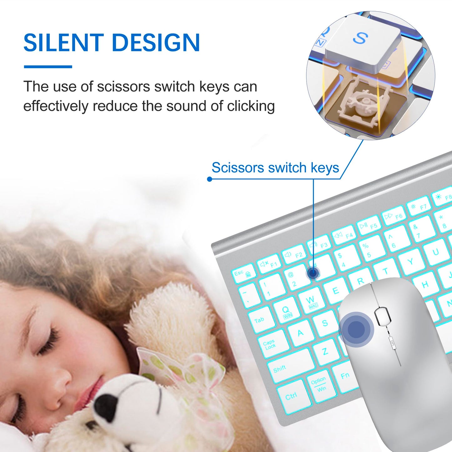 TopMate Wireless Keyboard and Mouse Ultra Slim Combo, 2.4G Silent Compact USB 2400DPI Mouse and Scissor Switch Keyboard Set with Cover, Batteries Included, for PC/Laptop/Windows/Mac - White