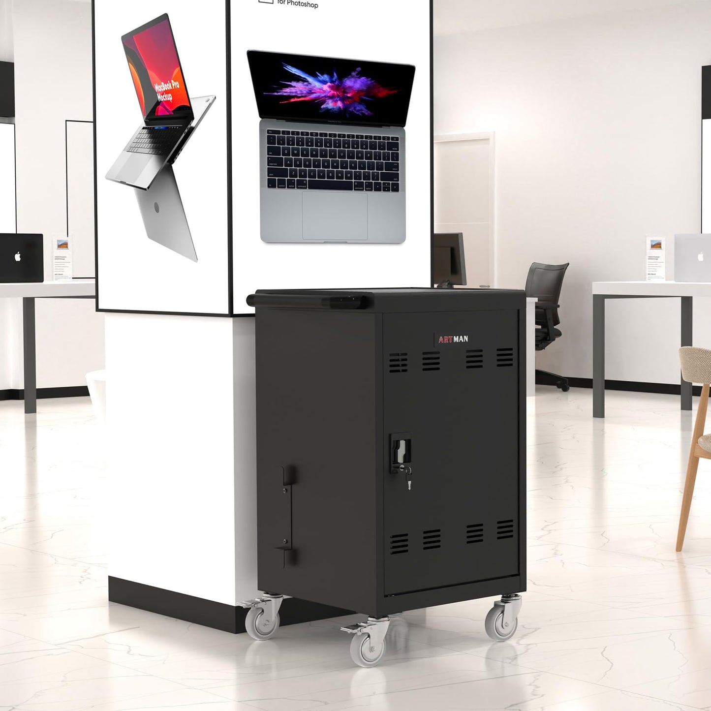30 Device Mobile Laptop Charging Cart for Laptop Computers Chromebook Fast Charging & Secure Storage (16.3in Screen Size), Ideal for School, Library, Hospital - Black
