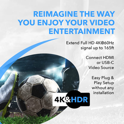 OREI 4K HDMI Extender over ethernet CAT5/CAT6/CAT7 Up To 165 Feet At 1080@60hz - HDMI 1.4 & HDCP 1.4 Compliant with One Way IR Pass Through, HDMI Loop Output & Power Over Cable
