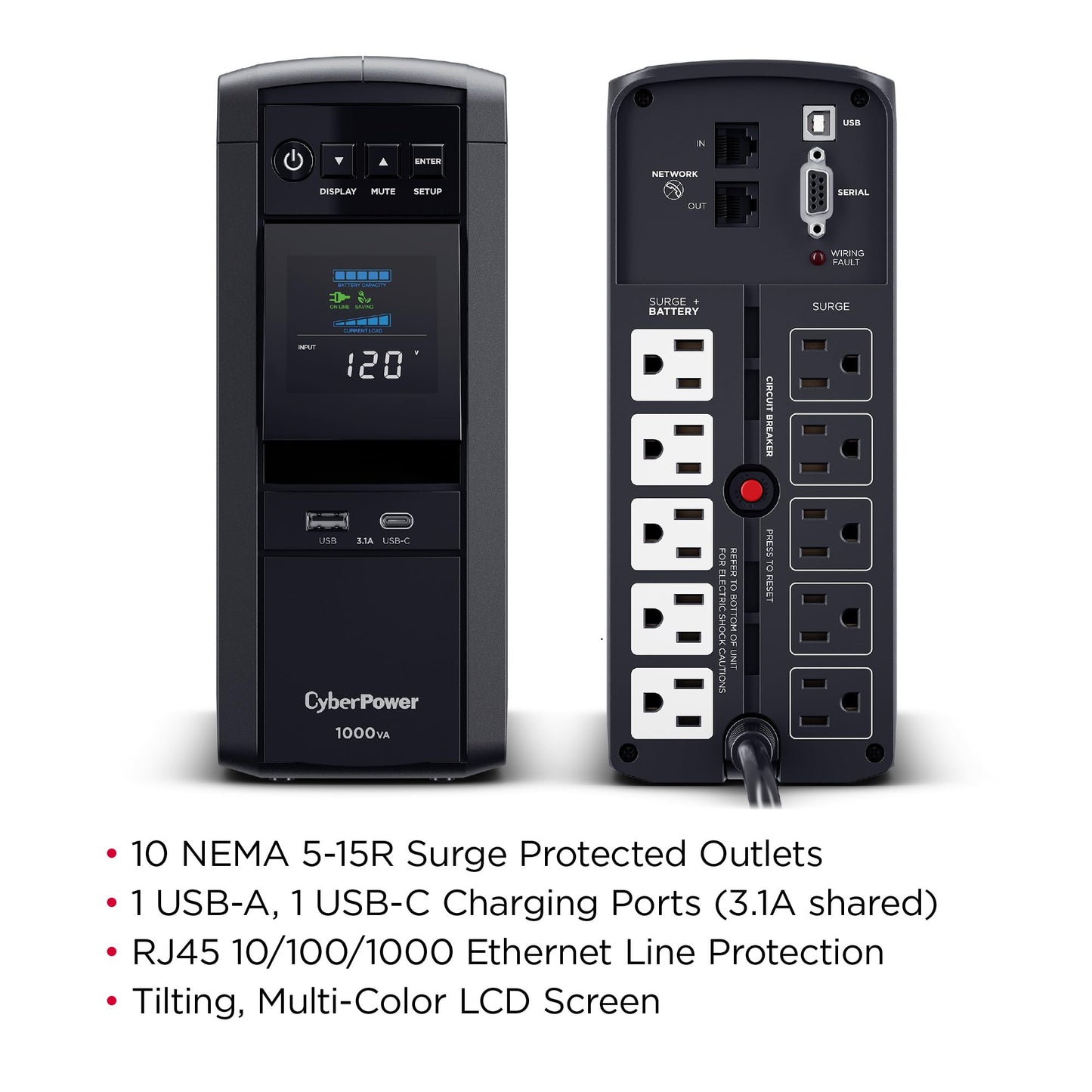 CyberPower CP1500PFCLCD PFC Sinewave UPS Battery Backup and Surge Protector, 1500VA/1000W, 12 Outlets, AVR, Mini Tower, UL Certified