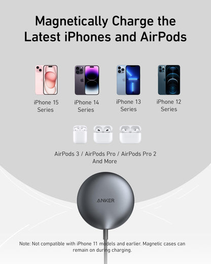 Anker MagSafe Charger Pad Compatible, MagGo iPhone 16 Wireless Charging Pad, Qi2 Certified 15W Wireless Charger for iPhone 16/16 Plus/16 Pro/16 Pro Max/15/14/13/12 Series (White, No Adapter)